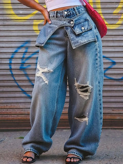 Jeans a gamba dritta da donna, lavati, a vita media, larghi, strappati, effetto vintage, streetwear, lunghezza intera