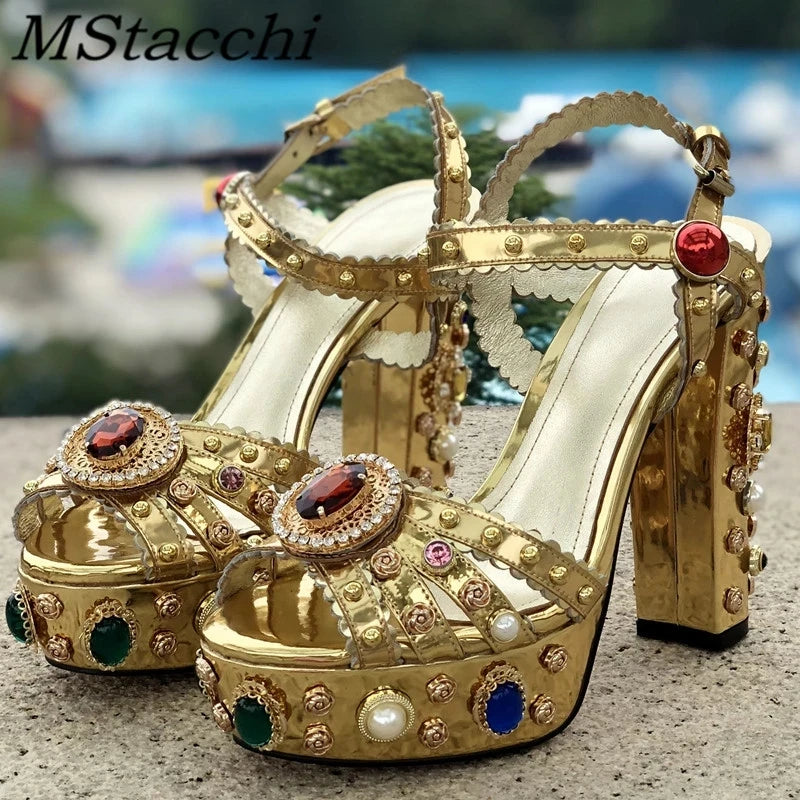 MStacchi Luxury Brand Women Platform Sandals Crystal Embroidery High Heel Sandalia Feminina Buckle Strap Rhinestone Wedding Shoe
