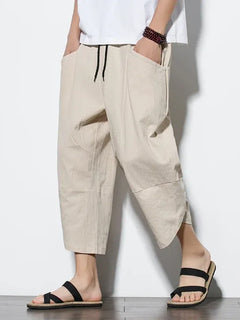 Pantaloni Estivi da Uomo 2026 Stile Cinese in Cotone e Lino, Pantaloni Harem Traspiranti da Spiaggia, Pantaloni Casual a Tre Quarti, Streetwear