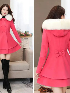 2023 New Winter Women's Woolen Blend Coat A-Line Double-Breasted Jackets Female Fur Collar Office Lady Wool Outwear