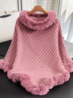 European and American Fall/Winter New Arrival Knitted Pattern Women's Wraparound Faux Fur Collar Pullover Loose Oversized Cape