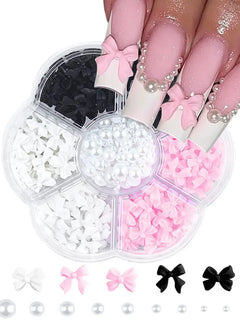 1box 3D Flower Bow Nail Art Decorations Kit Pink/White Acrylic Floral/Peal Beads Nail Charm with Wax Pen/Tweezer 4/6mm Nail Part Nail