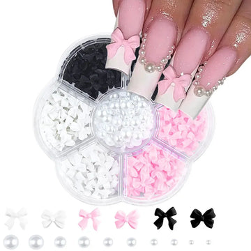 1box 3D Flower Bow Nail Art Decorations Kit Pink/White Acrylic Floral/Peal Beads Nail Charm with Wax Pen/Tweezer 4/6mm Nail Part Nail