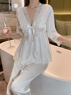 Set di indumenti da notte per la casa in raso di pizzo e pizzo da donna, pantaloni con top in pizzo dolce a V profondo, due pezzi di vestiti per la casa di grandi dimensioni bianco nero viola