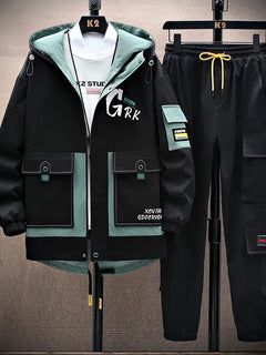 Spring Casual Men Sets Two Pieces Fashion Korean Trend Hooded Jacket + Pants Autumn Baseball Uniform Suit Man Outfit