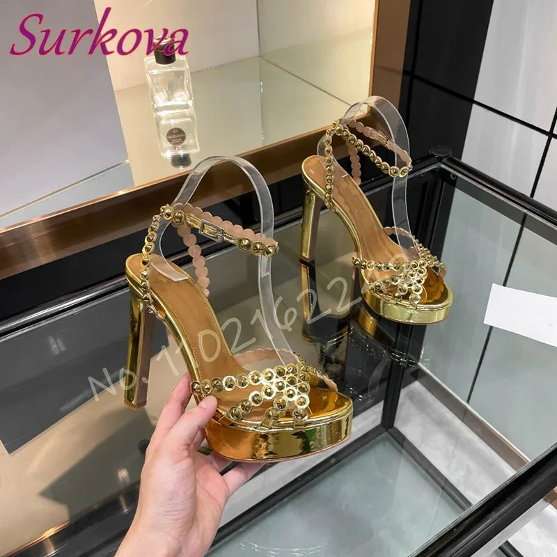 Women'S Chunky Heel Waterproof Platform Sandals Rhinestones Ankle Strap Open Toe Party Evening Shoes Luxury Designer High Heels