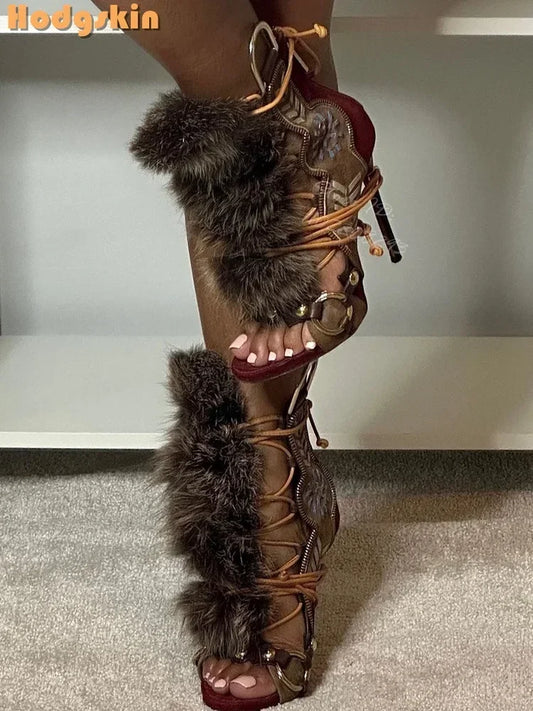 Retro Metal Buckle Sandals Faux Fur Strappy Pointed Toe Stilettos 2025 Women Fashion Lace-up Shoes Bohemian Thin High Heels