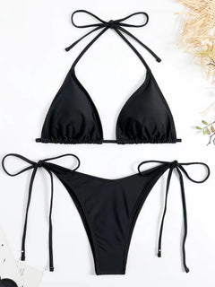 Women's Beach Style Halter Swimsuit Solid Thong Bikini Set Sexy Bathing Suit Female Swimwear