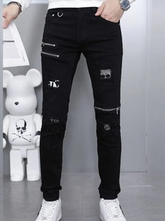 2024 Spring and Autumn Fashion Trend Black Straight Leg Ripped Jeans Men's Casual Comfort Breathable