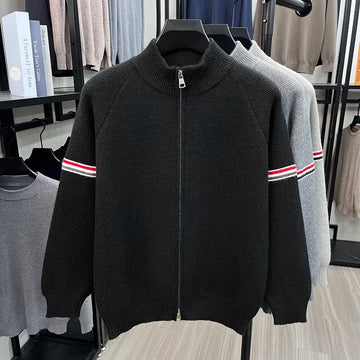 Hot-Selling Men's Autumn and Winter Knitted Shirt Zipper Design Fashion Stripe Business Casual Thickened New Men's Knitted Shirt