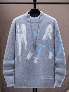 Winter Plaid Mink Cashmere Sweater Men Half Turtleneck Mens Sweaters Top Quality Pull Homme Thick Warm Pullover Men