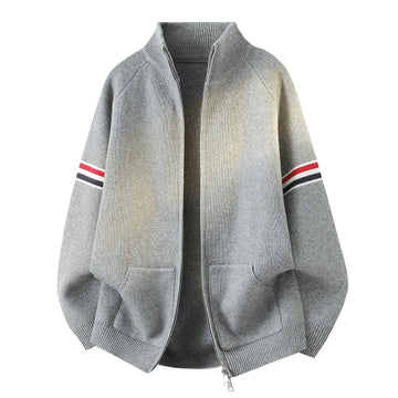 Luxury Men's Autumn and Winter Sweater Jacket, Wool Knitted Cardigan, Zipper Stand Up Collar, Comfortable Striped Men's Clothing