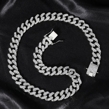 Hip Hop Men Women 14MM Prong Cuban Link Chain Necklace Bling Iced Out Tennis Chain Rhinestone Paved Miami Cuban Necklace Jewelry PlatiNum