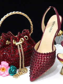 Venus Chan Pointed Toe Heels for Women 2023 Elegant Party Wine Color Full Diamond Pumps Italian Shoes and Bags Matching Set