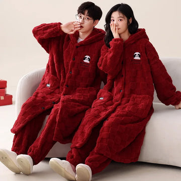 Panda Cartoon Cute Flannel Sleepwear For Couples Winter Warm Coral Fleece Men Pajamas Women's Homewear pijama feminino inverno