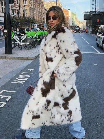 ZADORIN Luxury Cow Print Long Fluffy Faux Fur Coat Woman Belted Thicken Fur Faux Coats Fur Jackets For Woman Clothing Outerwears
