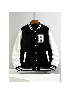 Preppy Style B-class printed baseball jacket with black and white color block sleeves and contrasting colors