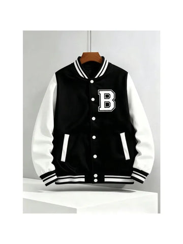 Preppy Style B-class printed baseball jacket with black and white color block sleeves and contrasting colors