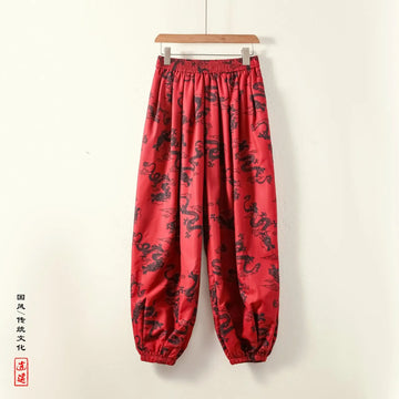 Pantaloni Lanterna da Uomo Stile Cinese Retrò Drago Rosso Casual Comodi Pantaloni Harun Moda Maschile Larghi a Gamba Larga Streetwear