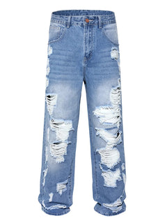 Men's Ripped Baggy Jeans Loose Fit Distressed Denim Pants Light Wash Y2K Streetwear Wide Leg Style