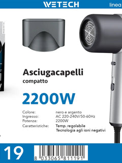 WETECH W1119 2200W Negative Ionic Hair Dryer 220-240V EU Plug Professional Compact Hair Blow Dryer With Concentrator Nozzle Cool Shot Function For Home Travel