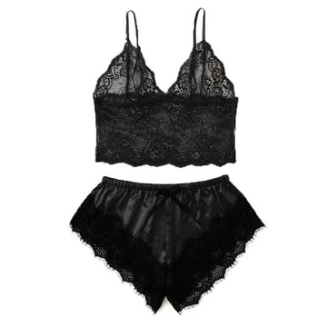 Pigiama da donna sexy nero in raso 4 pezzi di pizzo di seta reggicalze pantaloncini abito pigiama set camicia da notte biancheria intima camicia da notte vestito