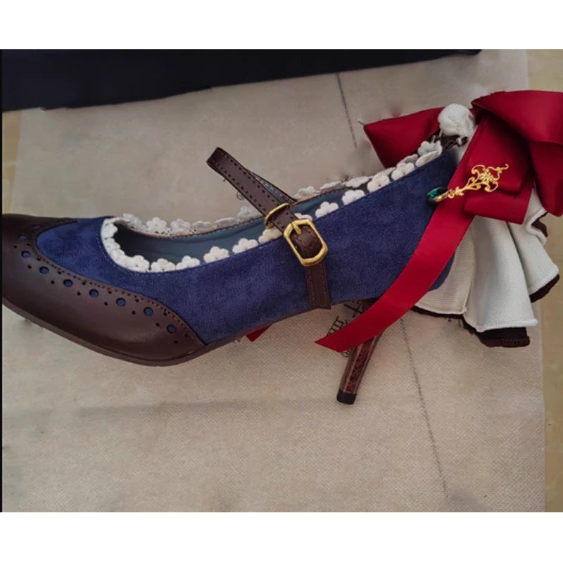 Denim & Leather Ankle Strap Big Red Bow Lace Stilettos Pumps Woman Spring and Autumn 2026 Sweet Lolita Women High Heels Shoes