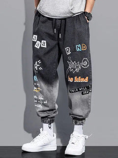 Men's Distressed Denim Pants Cuffed, Artistic Gradient Harem Jeans, Oversized Hip Hop Trousers for Spring Fall Versatile Outfits