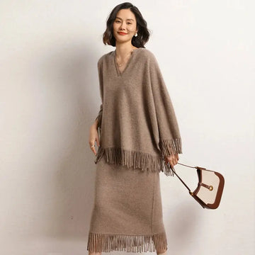 New Straight A-line Skirt Women's 100% Cashmere knitwear Spring Autumn Casual Loose Tassels Soft High Waist Mid Length Skirt PlatiNum
