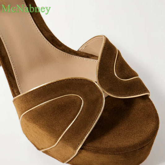 Brown Metallic Leather-trimmed Suede Platform Sandals Round Open Toe Chunky High Heels Ankle Strap Buckle Summer Shoes Luxury