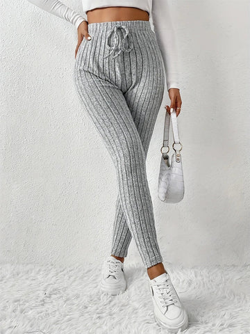 Casual Every Day Stretchy Women Drawstring Leggings High Waist Solid Color Breathable Sports Leggings Soft Comfortable Colthing PlatiNum
