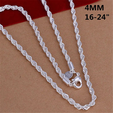 16-24inch for Women Men Beautiful Fashion 925 Silver Color Charm 4MM Rope Chain Necklace Fit Pendant High Quality Jewelry PlatiNum