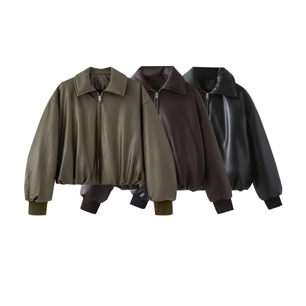 Women Green Leather Cropped Jacket Coat Vintage Streetwear Motorcycle Mustang Jacket 2000s Vintage Warm Thicke Outerwear Autumn