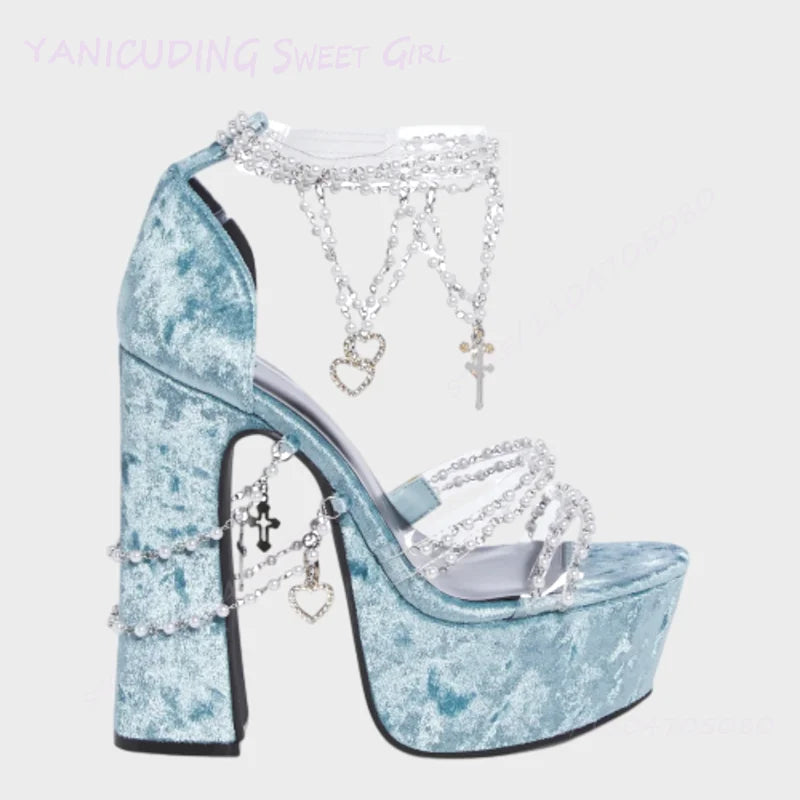 Taro Purple Suede Crystal Tassel Sandals Girls Cute Platform Open Heels Pink Round Toe Chunky Pearl String Ankle Lolita Shoes