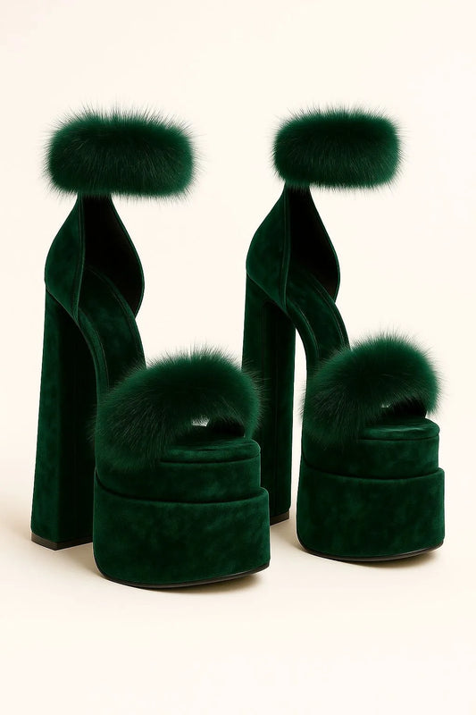 Green Platfrom Fur Heeled Sandals One Strap High Heels Chunky Heel Women Luxury Designer Shoes Summer Sandalias De Mujer 2025