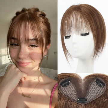 Ombre Blonde Highlight Human Hair Toppers with Air Bangs 8inch Hair Topper Hand-Tied Lace Base 360° Coverage for Women Hair Loss