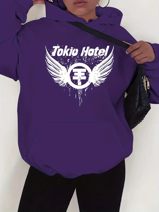 Tokio Hotel Graphic Print Hoodie 100% Polyester Knit Fabric Casual Pullover with Drawstring Sweatshirt for Women
