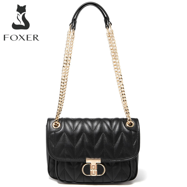 FOXER 2025 Fashion Women‘s Shoulder Bag Lady Split Leather + PU Classic Quilted Bag Chain Crossbody Handbag Valentine's Day Gif