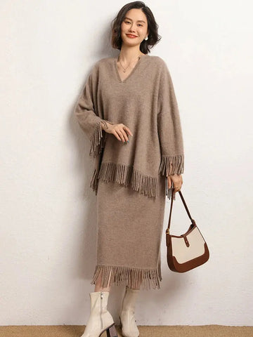 Women's Tassels Long Skirts Autumn Winter 100% Cashmere Knitwear Soft Warm Retro Casual Clothing Versatile Hide Fat Make Slim PlatiNum