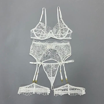 Floral Embroidery Erotic Lingerie Woman Sexy Underwear Brief Set with Garters Transparent Underwire Erotic Brief Sets Intimate