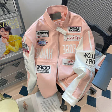 Gmiixder Motorcycle Leather Jacket Unisex High Street Hiphop Pink Bomber Jacket American Vibe Workwear Letter Baseball Uniform