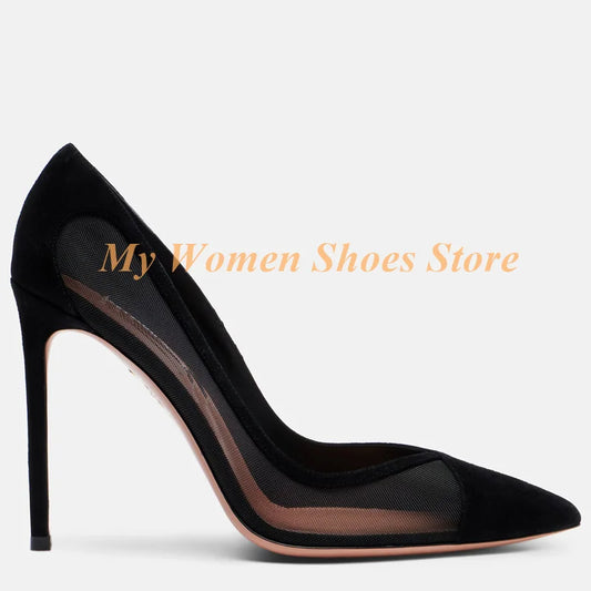 Air Mesh Suede Patchwork Pumps Sexy Pointy Toe Slip On Shallow Stiletto Thin High Heel Runway 2026 Autumn Spring Women Shoes