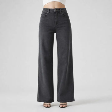 Women's Wide Leg Jeans in Grey-Black, High Waist, Stretch Denim, Loose Fit, Belt Detail with Scarf, Modern Casual Style, Fashionable Pants for All Seasons, Sizes Xs-Xl,Fx1338-5