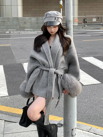 Coats for Women Autumn Winter New Elegant Long Sleeves V Neck Lace Up Woolen Coat Korean Fashion Casual Loose Street Trends Coat