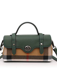 Borsa Mini Boston a Righe e Quadri in Tessuto con Finiture in Ecopelle, Chiusura a Giro e Torsione, Design con Patta, Borsa a Mano da Donna, a Tracolla, Portamonete