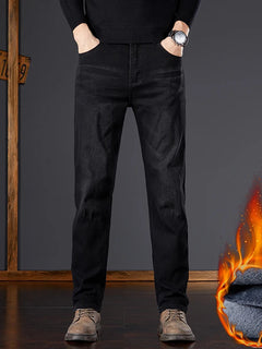 New Men Fleece Lined Straight Jeans Winter Warm Thick Solid Color Denim Pants Classic Business Casual Male Long Trousers