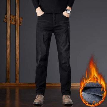 New Men Fleece Lined Straight Jeans Winter Warm Thick Solid Color Denim Pants Classic Business Casual Male Long Trousers