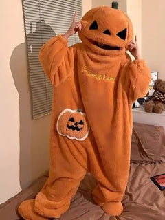 Halloween Pumpkin Shaped Hooded Plush Onesie Pajamas Cartoon Thick Winter Warm Sleepwear Lounge Outfits