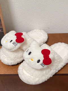 Sanrio Hello Kitty Women's 3D Cartoon Fluffy Teddy Fleece Open Toe Slippers Soft Non-Slip Sole Comfy Indoor Bedroom House Slides