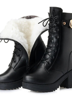 WOIZGIC Female Mother Ladies Women's Snow Genuine Leather Ankle Shoes Boots Warm Fur Plush Wool Zipper Lace Motorcycle Mid Calf